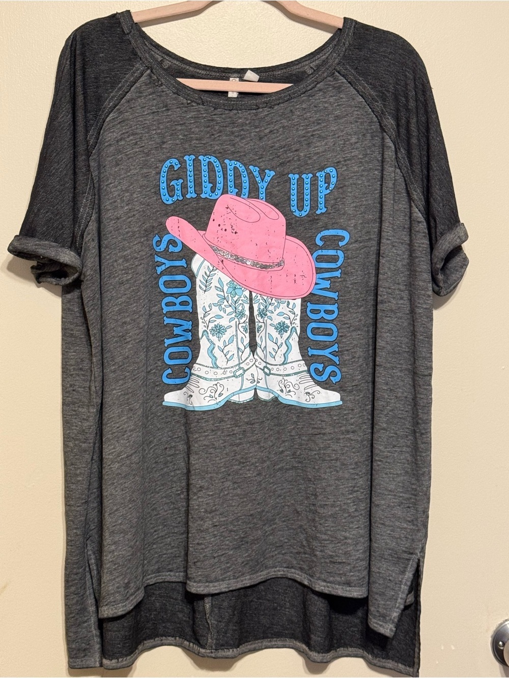 Cato Cowboy Giddy Up Gray Tee with Pink Cowboy Hat and Blue Boot Graphics